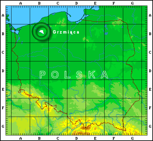 Położenie geograficzne gminy Grzmiąca na cyfrowym modelu terenu Polski